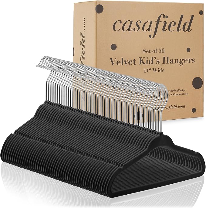 Casafield 50 Velvet Baby Hangers - 11" Size for Infant & Toddler Clothes - Black