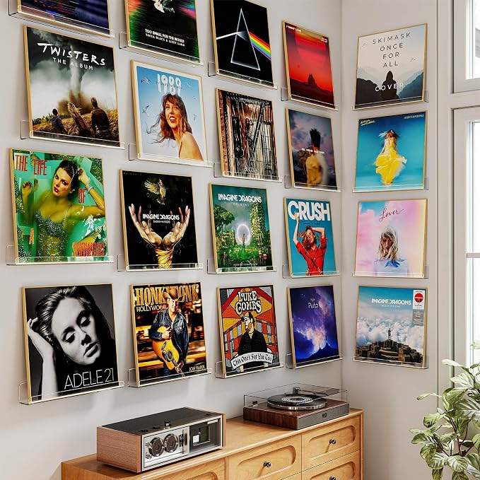 Laurensory Vinyl Record Wall Mount Shelves, 12 inch Vinyl Holder, 20 Pack | Clear Acrylic Floating Shelves for Album Record Storage Display, Wall Decor, Magazine Rack, Kids Bookshelf, Picture Ledge