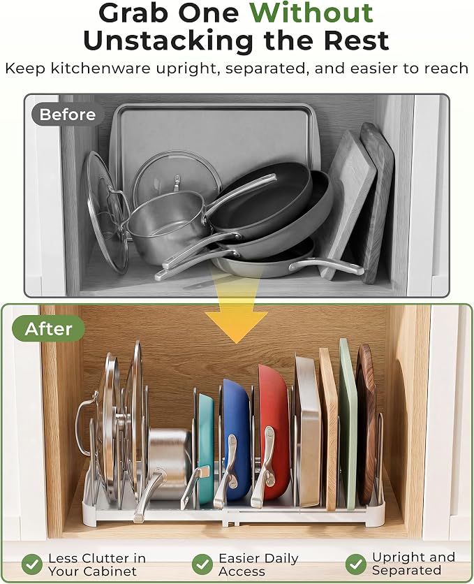 EVERIE Adjustable Bakeware Organizer Pot Lid Holder Rack for Pots, Cake Molds, Cutting Boards, Mats, Cookware, GS02SS, 7.7'' Deep by 12.6'' to 21.5'' Wide