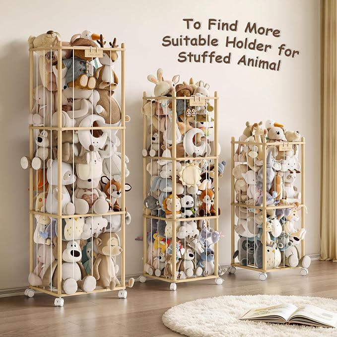 EXPERLAM Stuffed Animal Storage Zoo with Wheels, Montessori-Inspired Solid Pine Wood Plush Toy Organizer, Tall Stuffed Animal Holder with Thick Elastic Cords for Kids Room, Nursery,and Bedroom,Large
