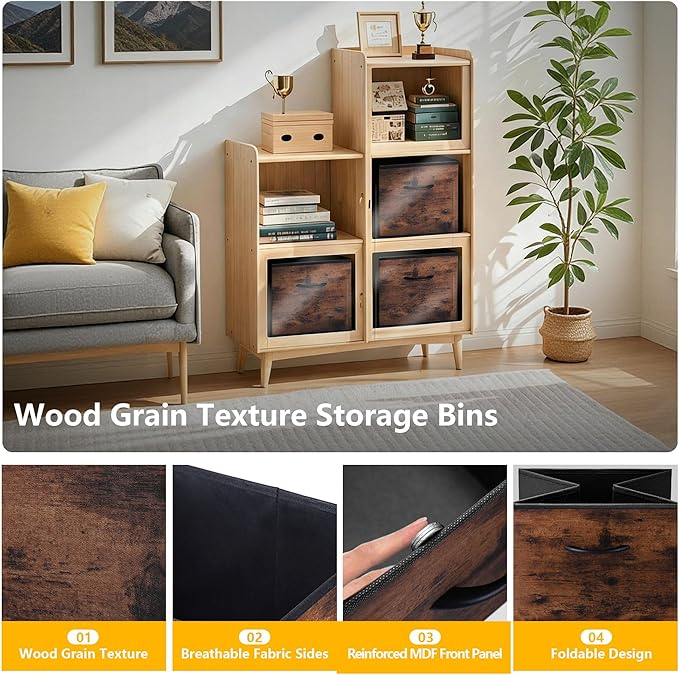 WUIKE 13-Inch Rust Brown Cube Storage Bins, Wood Print Front, 4-Pack | Cubby Organizer Baskets with Handles for Shelves, Closets, Clothes, and Toys