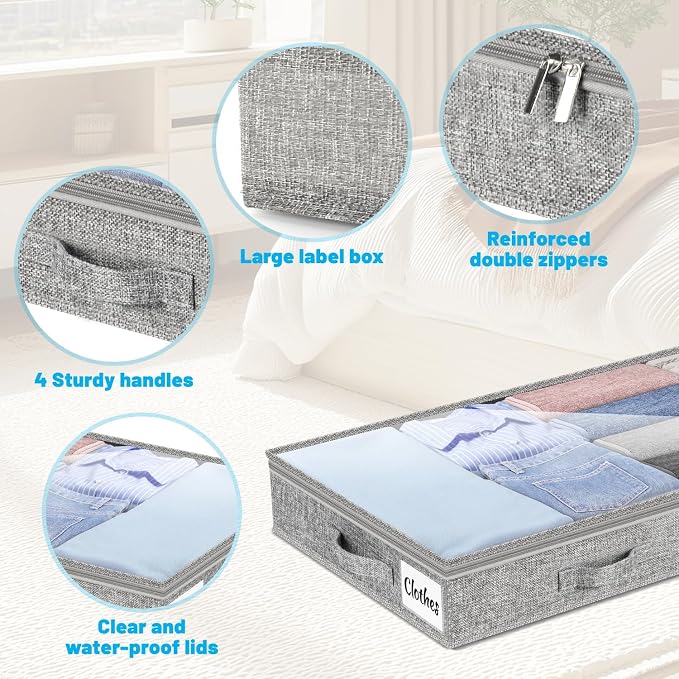4 Inch Low Profile Under Bed Storage Drawer 4 Pack, Lightweight Underbed Clothes Storage Container Bins With NO STURCTURE, Shallow Storage Bag for Dorm & Home, With Clear Lids & Water-Resistant Fabric