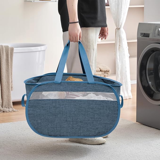 Collapsible Laundry Baskets, Foldable Tear Proof Pop Up Hamper with Reinforced Carry Handles, Durable Laundry Hamper for Home, Laundry, Bathroom, Dorm or Travel (Blue)