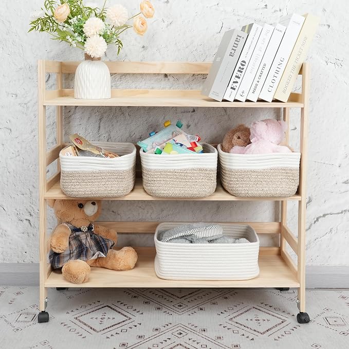 XUANGUO Small Woven Storage Baskets 12“X8”X5“ Decorative Rope Bins for Organizing Shelves, Closets, and Toys, Empty Gift Baskets, Cute Organizer Basket for Home and Office (white and brown regular)