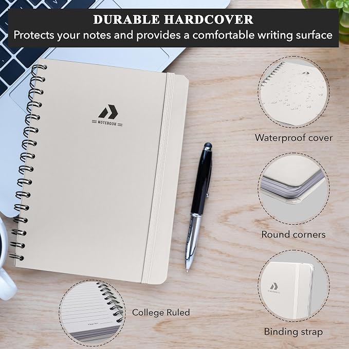 Nextnoid Lined Spiral Notebook Journal For Women & Men - A5(5.8" x 8.3") 170 Pages, Hardcover Notebooks for Work & Note Taking, College Ruled Journals for Writing - Beige
