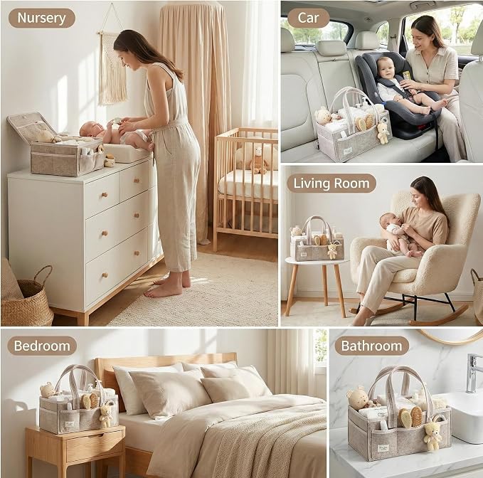 PeraBella Baby Diaper Caddy Organizer, XL Baby Basket Shower Gift Caddy, Portable Felt Changing Table Basket, Nursery Storage Bin, Newborn Boy and Girl Essentials for Registry, Car Diaper Organizer