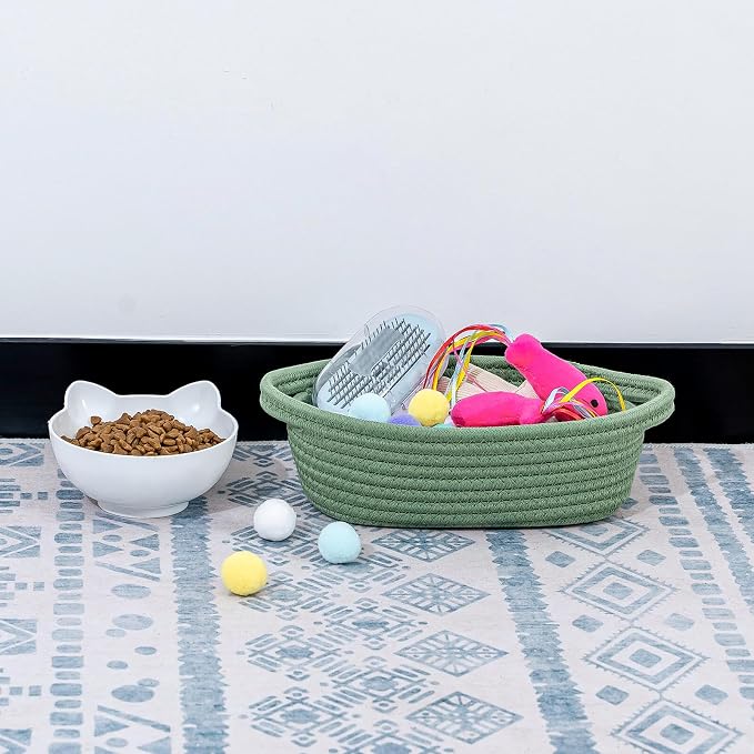 CubesLand Small Storage Basket Cotton Rope Organizer Baskets for Shelves | Set of 5 Decorative Closet Storage Bins with Handle for Countertop, Toilet Paper Basket for Toilet Tank Top, Green Basket
