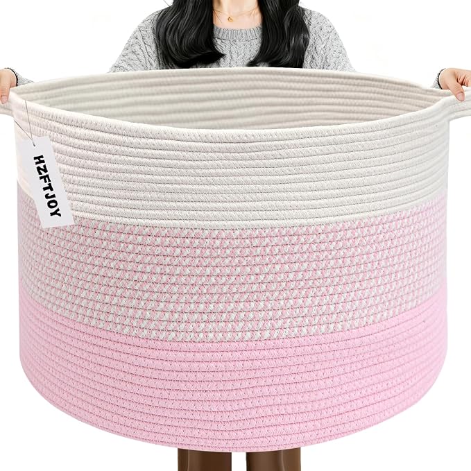 115L Extra Large Blanket Basket,Woven Rope Laundry Basket Hamper with Handles, Decorative Nursery Basket Storage Bin for Toys, Clothes Organizer, Living Room, Bedroom, Bathroom, Pink