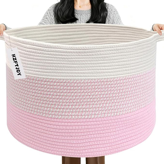 115L Extra Large Blanket Basket,Woven Rope Laundry Basket Hamper with Handles, Decorative Nursery Basket Storage Bin for Toys, Clothes Organizer, Living Room, Bedroom, Bathroom, Pink