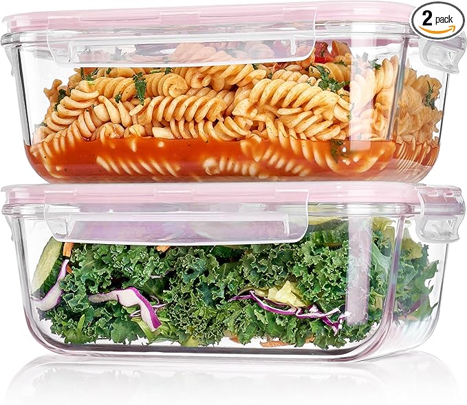 Vtopmart 2Pack 1860ml/63oz Large Glass Storage Containers With Lids, Pink | Meal Prep Food Container Set with Snap Airtight Lid, For Baking, Microwave, Oven, Leak Proof, Freezer, Dishwasher, BPA Free