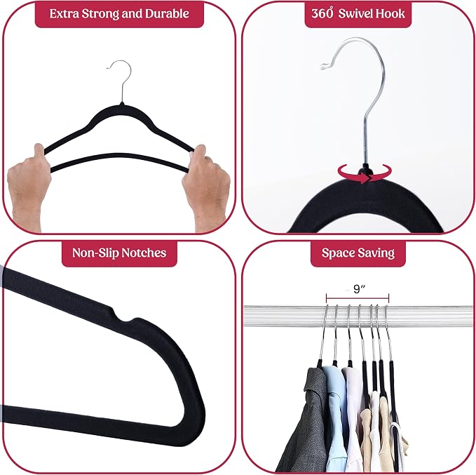 LDC Black Velvet Hangers 30 Pack - Premium Non-Slip Clothes Coat Pants Felt Hanger for Closet - Heavy Duty Space Saving 360° Swivel Hook Hangars - Black