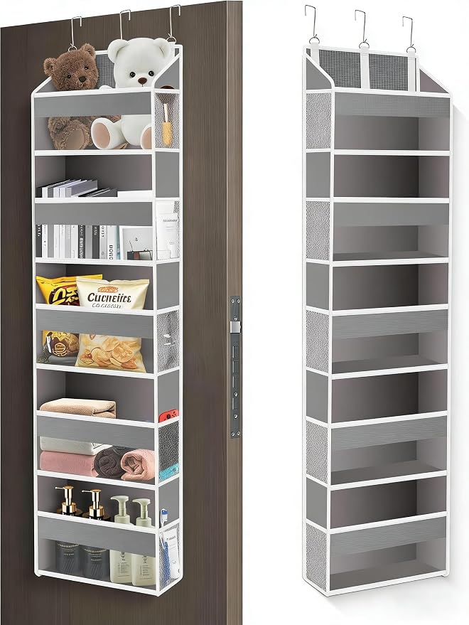 Over The Door Organizer Closet,5 Bins 10 Side Pockets,Hanging Organizer,Anti Tilt 44 lbs Load Organizers and Storage with Clear Window for Bedroom,Nursery,Rv,Bathroom,Camper(Light Grey)