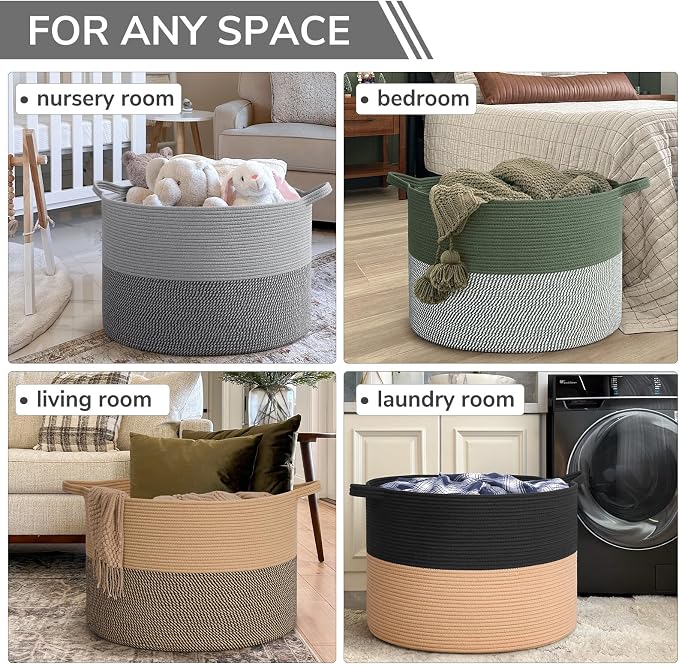INDRESSME 115L Extra Large Blanket Basket, Cotton Rope Basket for Nursery Living Room, Decorative Woven Storage Baskets with Handles for Dirty Clothes, Toy Bin For Dog Toys, Grey