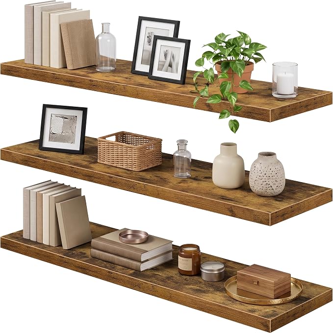 QEEIG 12" Deep Floating Shelves for Wall - 12 x 48 inch Book Shelf Bathroom Bedroom Kitchen Living Room Hanging Bookshelf Farmhouse Set of 3, Brown (026-120BN3)