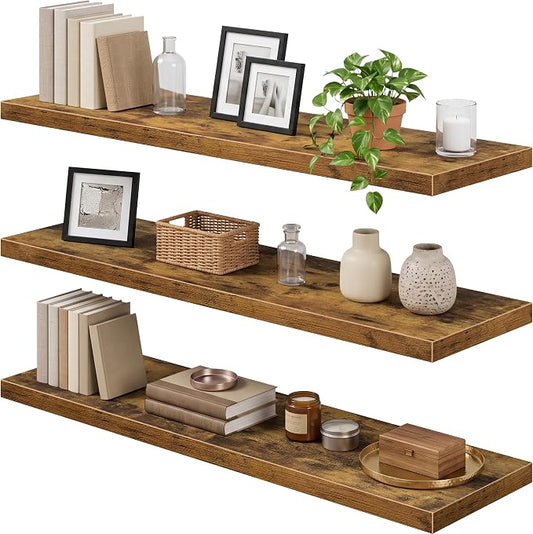 QEEIG 12" Deep Floating Shelves for Wall - 12 x 48 inch Book Shelf Bathroom Bedroom Kitchen Living Room Hanging Bookshelf Farmhouse Set of 3, Brown (026-120BN3)