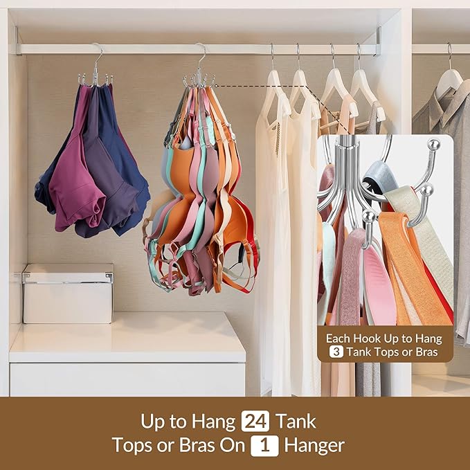 ZEDODIER Tank Top Hanger, Rotatable Bra Organzier for Closet, Max 24 Storage Capacity Sport Bras Holder, Metal Space Saving Closet Organizers and Storage, Silver