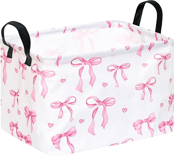 Girls Storage Basket with Pink Bow Print,14.5" x 10.2" x 9.1",Waterproof coating,Collapsible Rectangular Bin with Handles; Ideal for Girls' Gifts, Laundry, Clothes & Toy Storage,Home Organizer