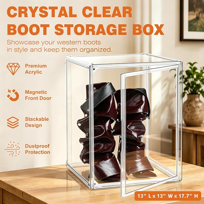 XXX-Large Extra Large Acrylic Display Case 17.3'' x 13'' x 13'' Transparent Sneaker Shoe Organizer Clear Plastic Stackable Boot & Shoe Boxes Large Showcase for Helmet, Handbag, Figures Collectibles