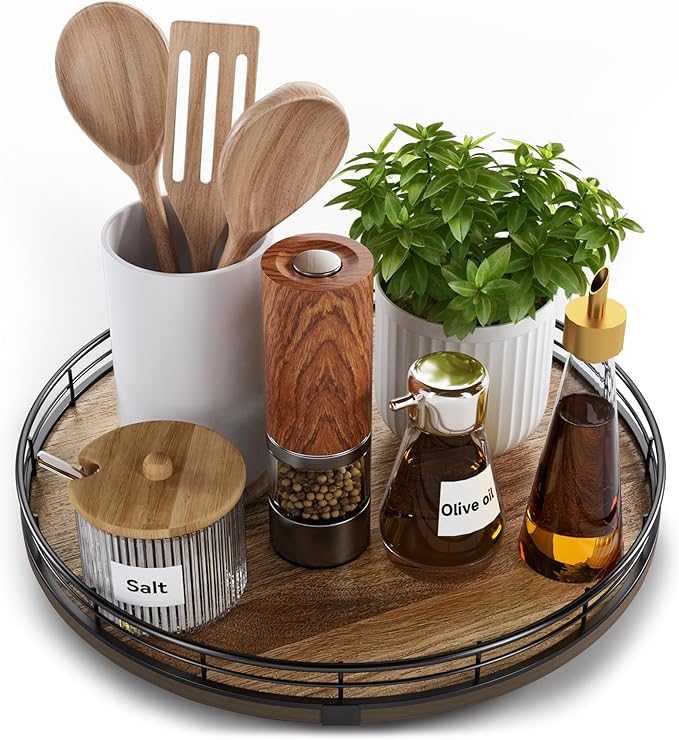 Acacia Wood 12" Lazy Susan Turntable Organizer for Table Top, Farmhouse Round Wooden Lazy Susan for Cabinet Kitchen Centerpieces Coffee Table, for Condiments Spices, Bathroom Vanity Tray Decor