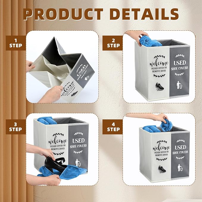 Shoe Cover Box Dispenser Foldable Storage Bin Holder with Used Shoe Covers and Welcome Please or Remove Sign for Open House Supplies(Beige, Gray)