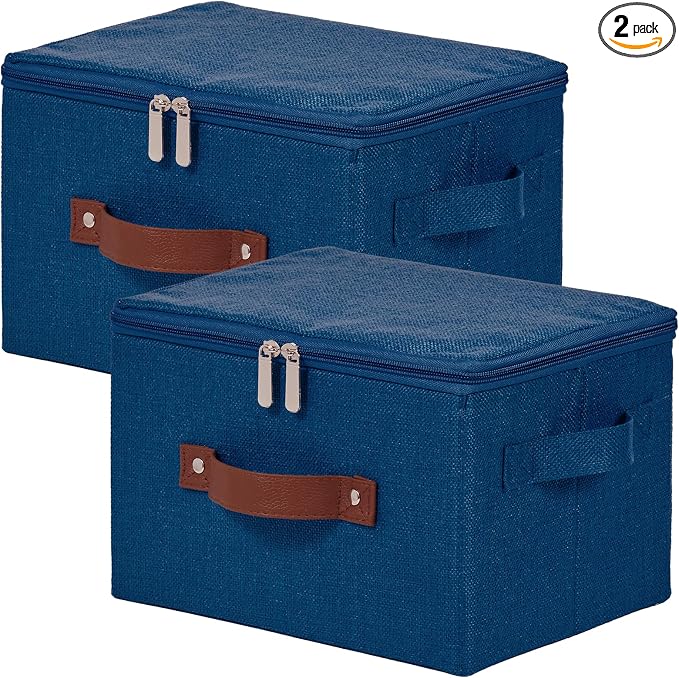 2 Pack Storage Bins with Zipper Lid Cotton Linen Fabric Lidded Storage Baskets Boxes Foldable Washable Closet Shelf Clothes Organizer Container with PU Leather Handles (Deep Blue, Small)