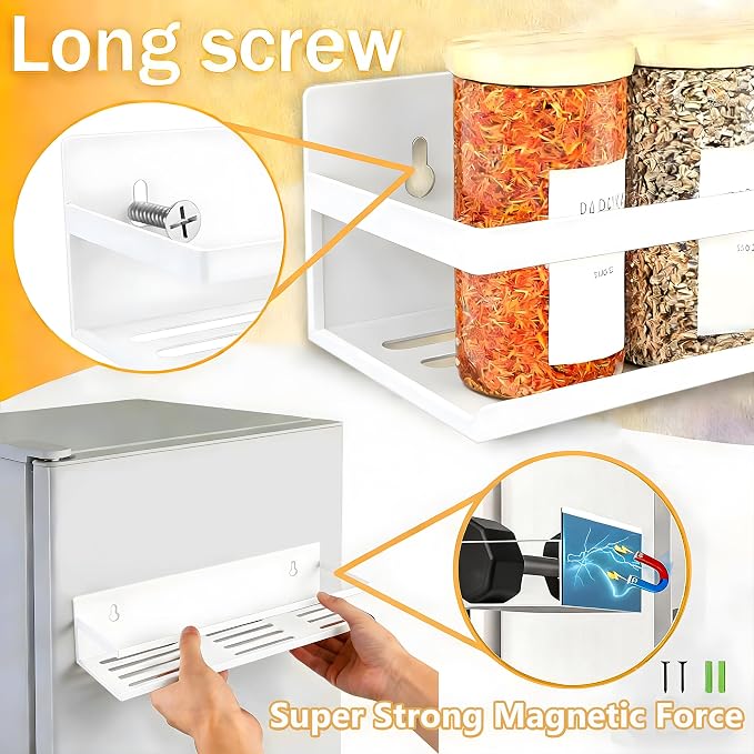 SMRCAD Magnetic Spice Rack for Refrigerator, 4pack Magnetic Shelf for Fridge Space Saving Seasoning Organizer for Any Metal Surface No Drilling Needed (WHITE -cut out, 4pack)