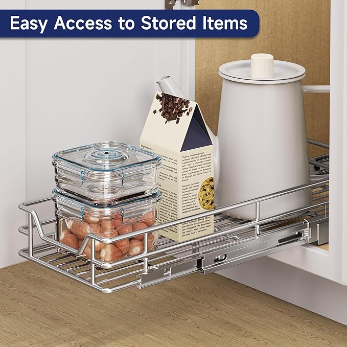 Pull Out Cabinet Organizer, 5.5" W x 21.5" D, Heavy Duty Chrome Slide Out Shelf for Narrow Base Cabinets, Sliding Wire Basket Drawer for Spices, Bottles, Snacks & Cleaning Supplies