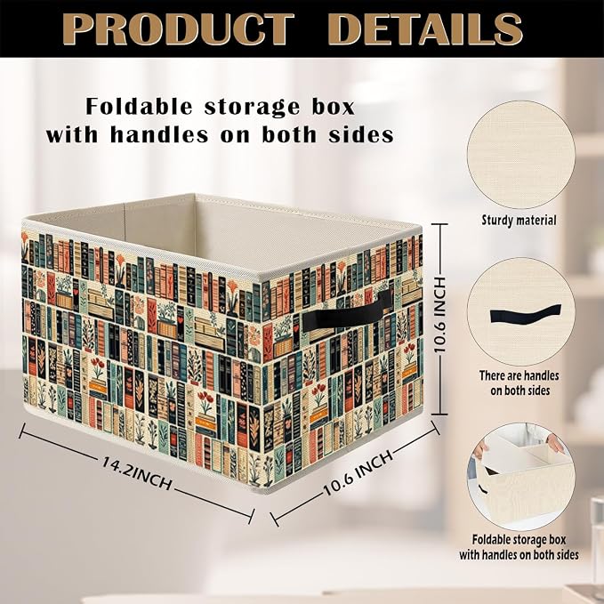 Vintage Book Lovers Storage Bin Box with Handles, Retro Bookish Foldable Organizer Basket for Reading Corner Room Library Bedroom Bathroom Home Clothes Books, Set of 2