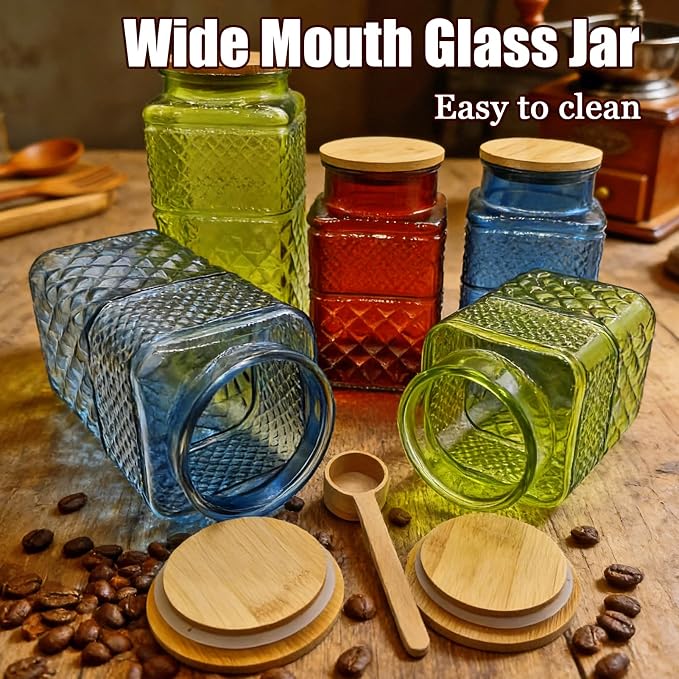 Coriario 1 Gallon Vintage Glass Jar with Lid Wood Spoon Green Square Decorative Glass Storage Jars Wide Mouth Canisters for Food Candy Flour Sugar Cookie Coffee Nuts