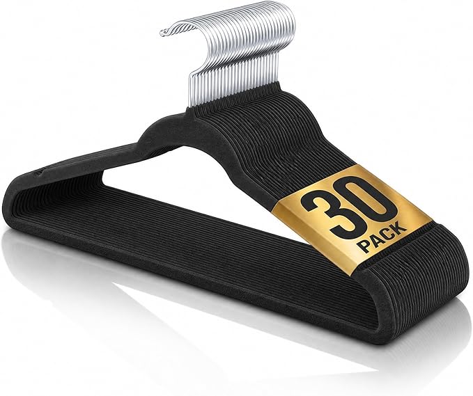 Velvet Hangers 30 Pack, 17.5 Inches Wide Large Size, Heavy Duty Non-Slip Slim Clothes Hangers for Pants, Coats, Skirts, Jeans, Sweaters and More, Nylon-Flocked, Black