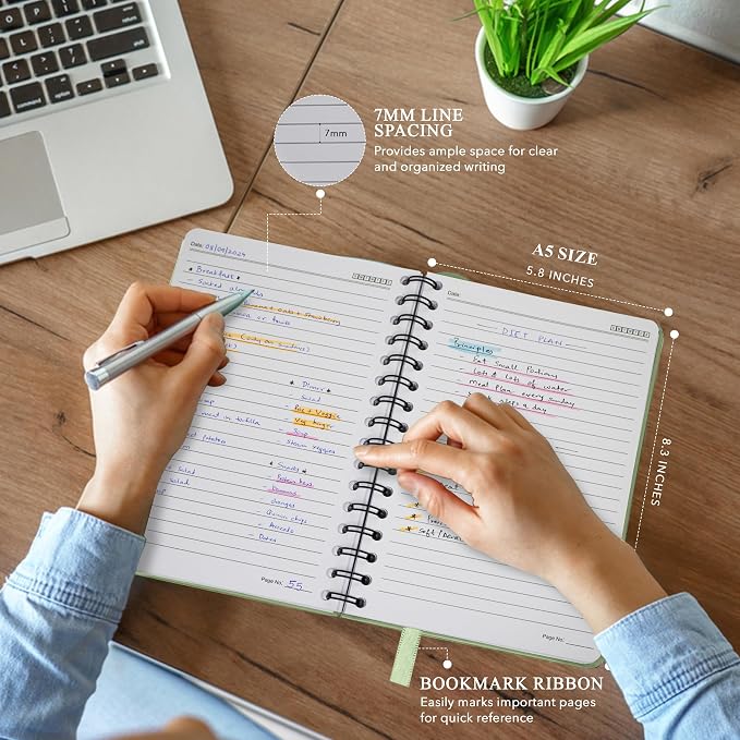 Nextnoid Lined Spiral Notebook Journal For Women & Men - A5(5.8" x 8.3") 170 Pages, Hardcover Notebooks for Work & Note Taking, College Ruled Journals for Writing - Green