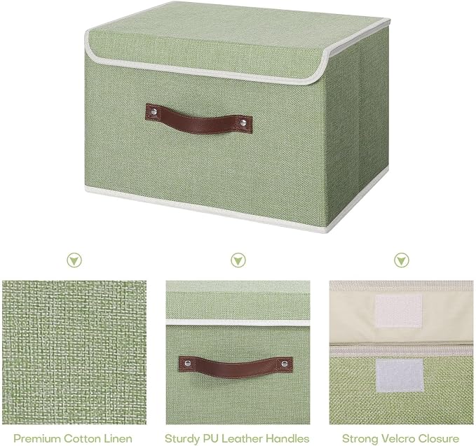 ANMINY 2PCS Storage Bin with Lid Storage Boxes with PU Leather Handles PP Plastic Board Decorative Foldable Lidded Cotton Linen Fabric Home Cubes Baskets Closet Organizer Container - Green, Medium