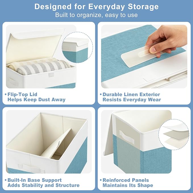 Bagnizer Large 22 Quart Linen Fabric Foldable Storage Bin Cube Organizer Basket with Flip-Top Lid & Handles, Clothes Blanket Box for Home, Office, Closet, Teal & White, 4 Pack 14.6 x 9.5 x 9.5