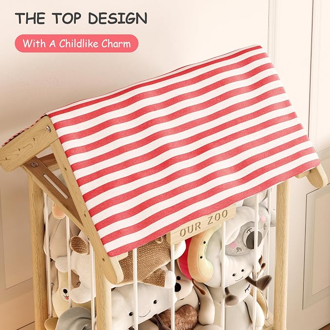 Stuffed Animal Storage, Wooden Stuffed Animal Zoo with Toy Box and Triangular Ceilings, Vertical Stuffed Animal Holder with Thicker Elastic Band, Plushies Storage for Playroom, Nursery, Bedroom