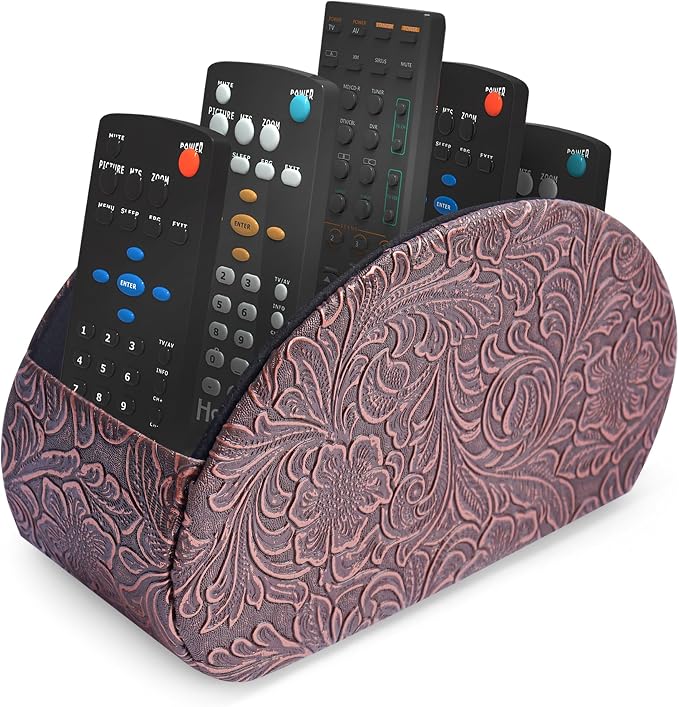 Remote Control Holder, PU Leather Remote Caddy Desktop Organizer with 5 Spacious Compartments for TV Remotes/Media Controllers/Office Supplies (1-Carved Copper Red