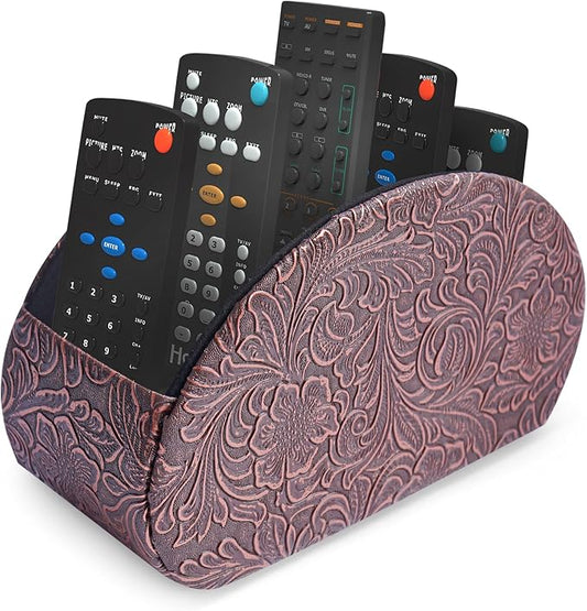 Remote Control Holder, PU Leather Remote Caddy Desktop Organizer with 5 Spacious Compartments for TV Remotes/Media Controllers/Office Supplies (1-Carved Copper Red