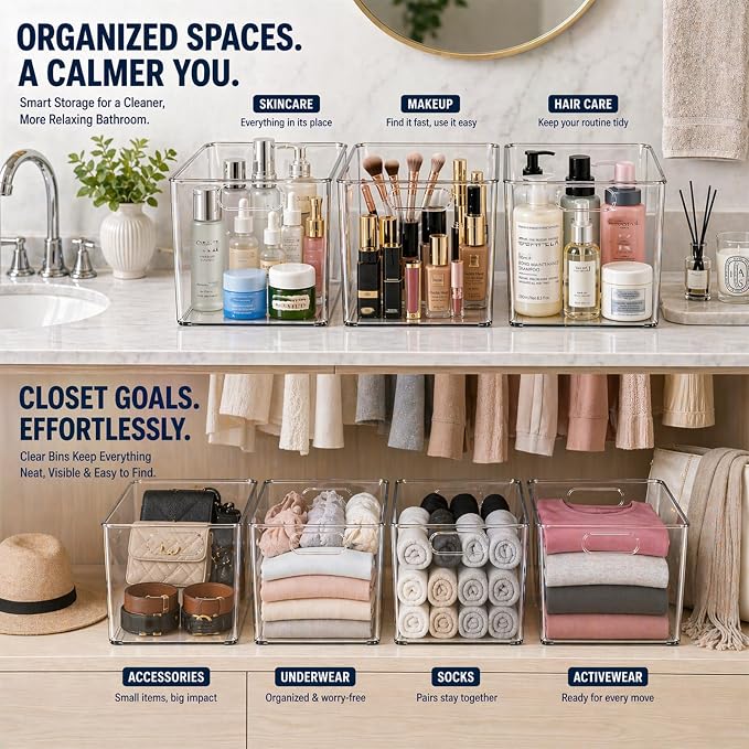 MOONEDGE Clear Plastic Storage Organizer Bins for Home Organization | Clear Bins for Organizing, Pantry Organizers and Storage, Kitchen, Fridge, Bathroom, Cabinet, Closet, Under-Sink, Laundry