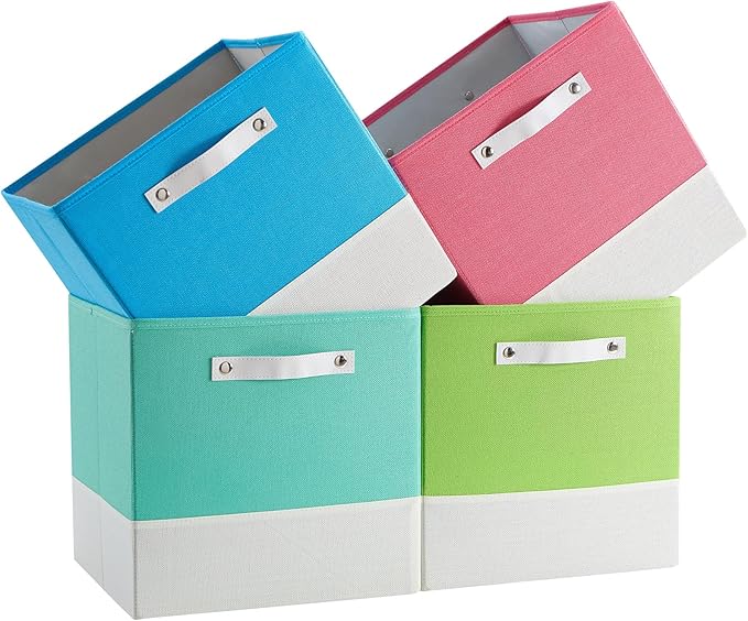 Cube Storage Bins | 13"x15"x13", Macaron & White, 4 Pack | Multi-Size | 2X Thick Support Board | Vegan Leather Handles | 7.7 oz/yd² Fabric | Drawer Insert Basket Fits KALLAX