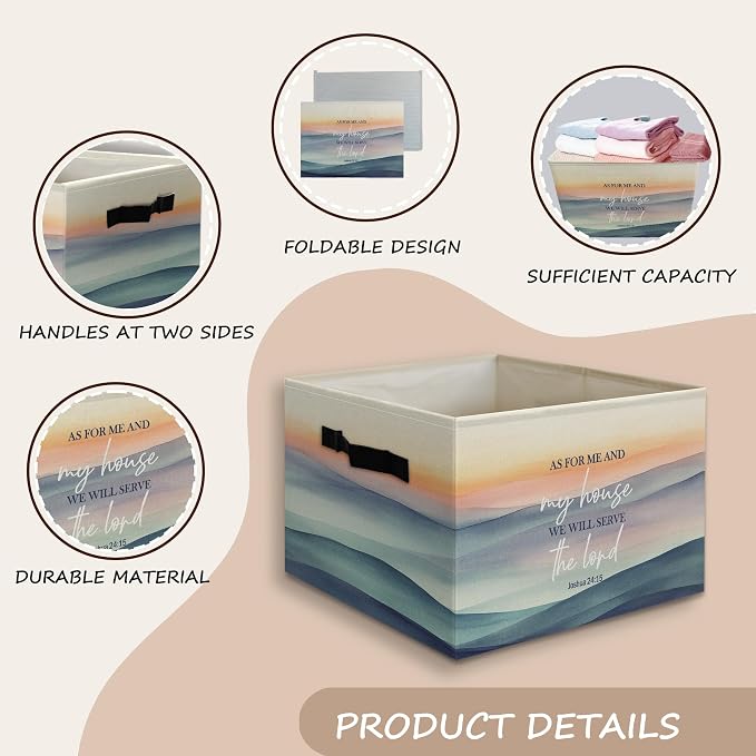 Religious Christian Foldable Storage Bins Box with Handles Decor, As for Me and My House We Will Serve the Lord Bible Verse Collapsible Organizer Basket for Bedroom Bathroom Clothes Toys Books