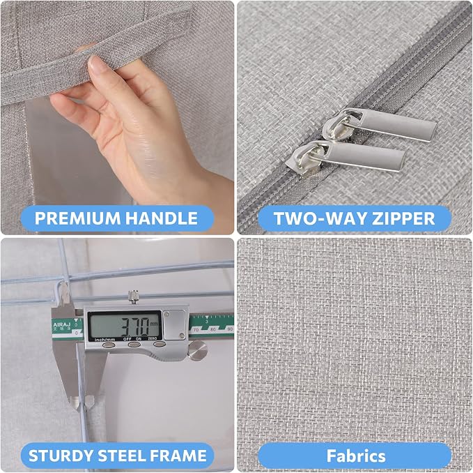 CYhom 2Pack Extra Large Clothes Storage Bins Box - Linen Fabric Foldable Stackable Container Organizer Set with Clear Window & Carry Handles & Metal Frame (Light Grey, Extra Large-100L)