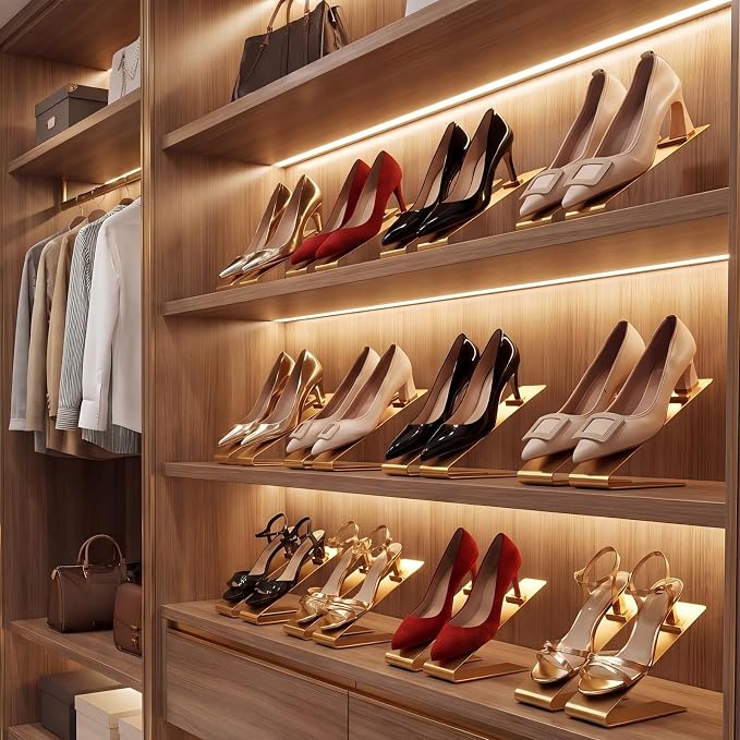 Therwen 12 Pcs Gold Shoe Display Stand Shoe Rack Stainless Steel Golden Metal Riser High Heel Display Rack Holder for Home Shopping Malls (Shape V,Golden)