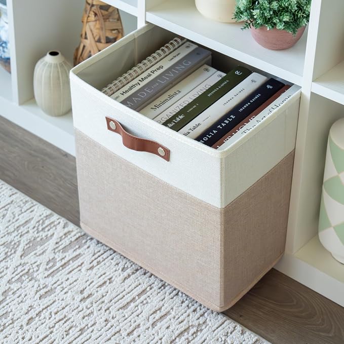 OrganiHaus 12x12 Cube Storage Bins, Set of 4 - Fabric Storage Cubes | Sturdy, holds its shape; odor-free; fits 12-inch cube shelves; vegan leather handles