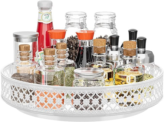 Ovicar Lazy Susan Organizer Turntable - 11 inch Rotating Spice Rack Metal Lazy Susan for Cabinet Pantry Kitchen Countertop Dining Table Cupboard Bathroom Refrigerator Vanity (11 inch White)