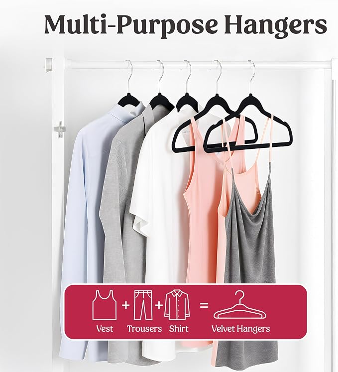LDC Black Velvet Hangers 100 Pack - Premium Non-Slip Clothes Coat Pants Felt Hanger for Closet - Heavy Duty Space Saving 360° Swivel Hook Hangars – Black
