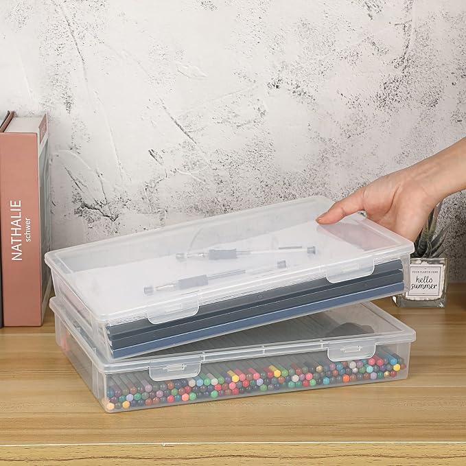 BTSKY Clear Plastic Storage Box with Flap Lid, Multipurpose Craft Organizers and Storage Box Art Supply Storage Organizer Plastic Sewing Box for Pencils Markers Notebooks A4 Files, 2 Pack Large