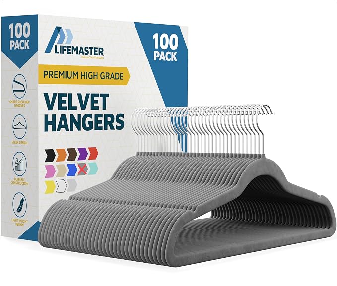 Lifemaster Velvet Non-Slip Hangers - 100 Pieces Non-slip Coat Hanger Set with 360° Swivel Hook, Space-Saving, Sleek Design, Keep Closet Organized, Smooth Velvet Finish, Lightweight Construction - Gray