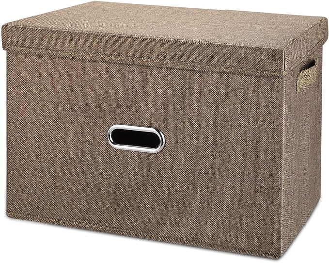 Linen Fabric Collapsible Storage Bins with Removable Lids and Handles, Washable Storage Box Containers Baskets Cube with Cover for Bedroom,Closet,Office,Living Room,Nursery (Coffee, Medium)