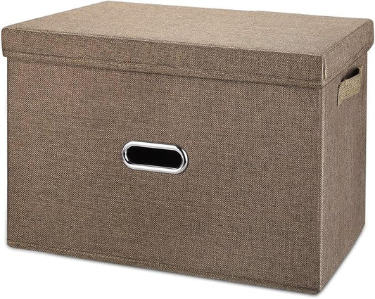 Large Linen Fabric Foldable Storage Bins with Removable Lid and Handles, Washable Storage Box Organizer Containers Baskets Cube with Cover for Bedroom,Closet,Office (Coffee, Extra Large)