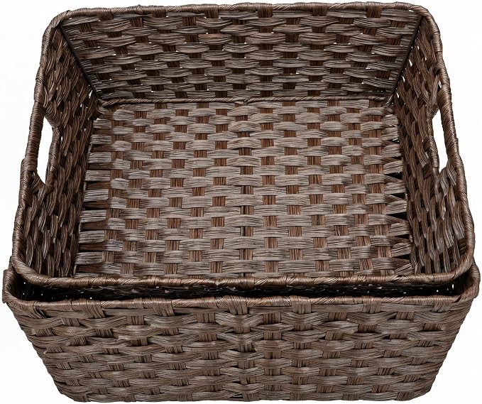 Large 2-Pack Plastic Wicker Storage Baskets, 17"x13"x5.5", Brown | Versatile woven bins for laundry, closet, living room, shelf organization, and even a cat bed – perfect home storage decor.