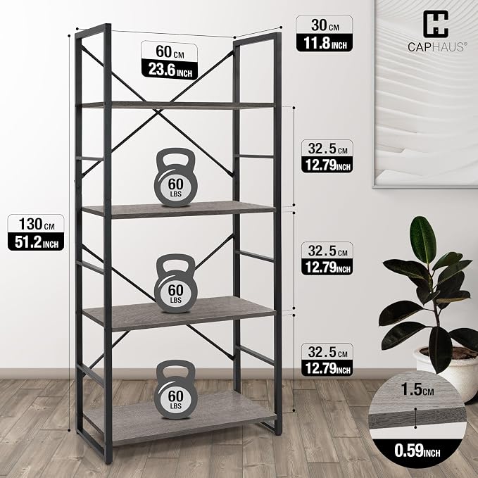 CAPHAUS 4 Tier Bookshelf, 24 Inch Width Free Standing Shelf, Bookcase Shelf Storage Organizer, Industrial Book Shelves for Home Office, Living Room, Kitchen, Dark Grey Vintage Shelves & Metal Frame